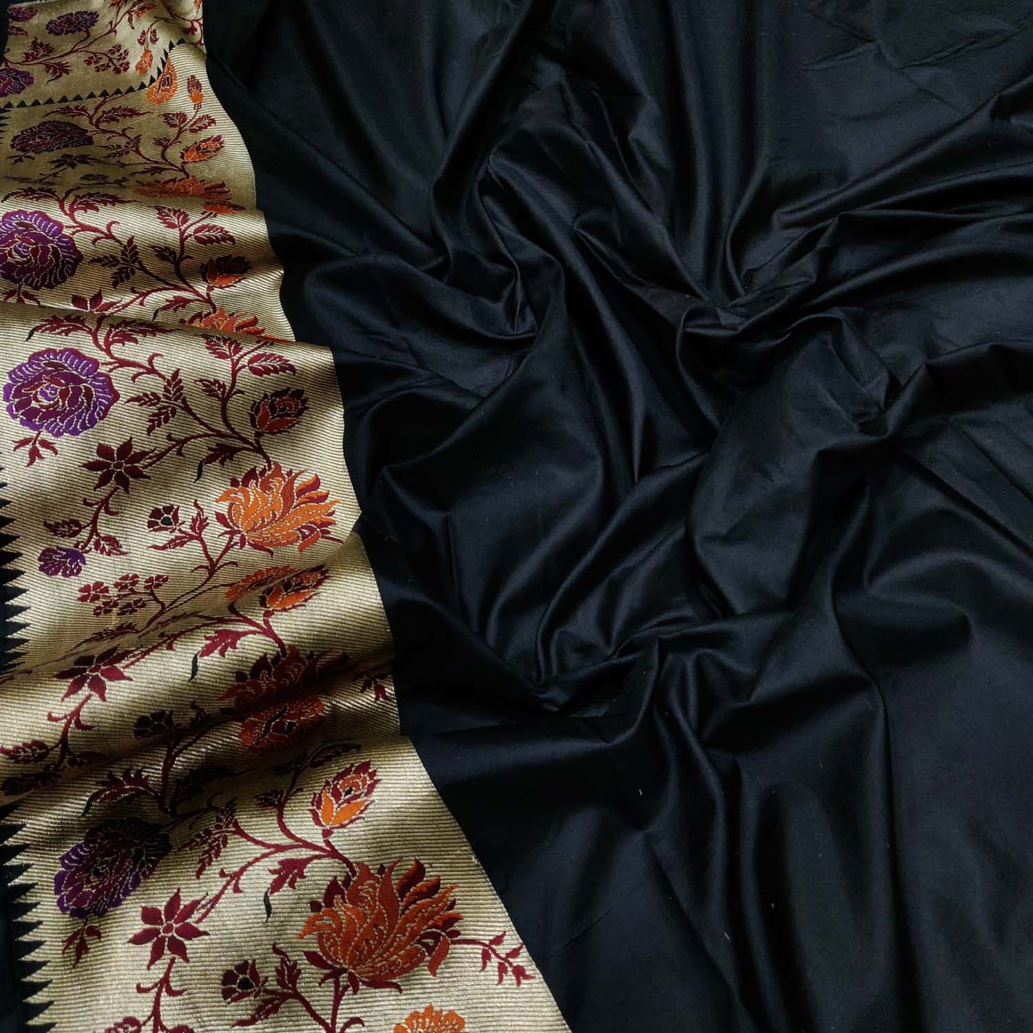 Elegant Black Banarasi Handloom Pure Katan Silk Flower Design Meenakari Saree - Luxurion World