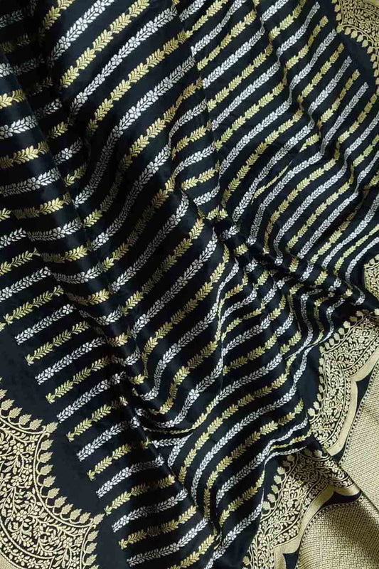Exquisite Black Banarasi Handloom Pure Katan Silk Sona Roopa Saree - Luxurion World