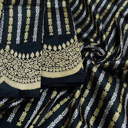 Exquisite Black Banarasi Handloom Pure Katan Silk Sona Roopa Saree - Luxurion World