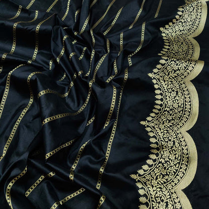 Exquisite Black Banarasi Handloom Pure Katan Silk Sona Roopa Saree - Luxurion World