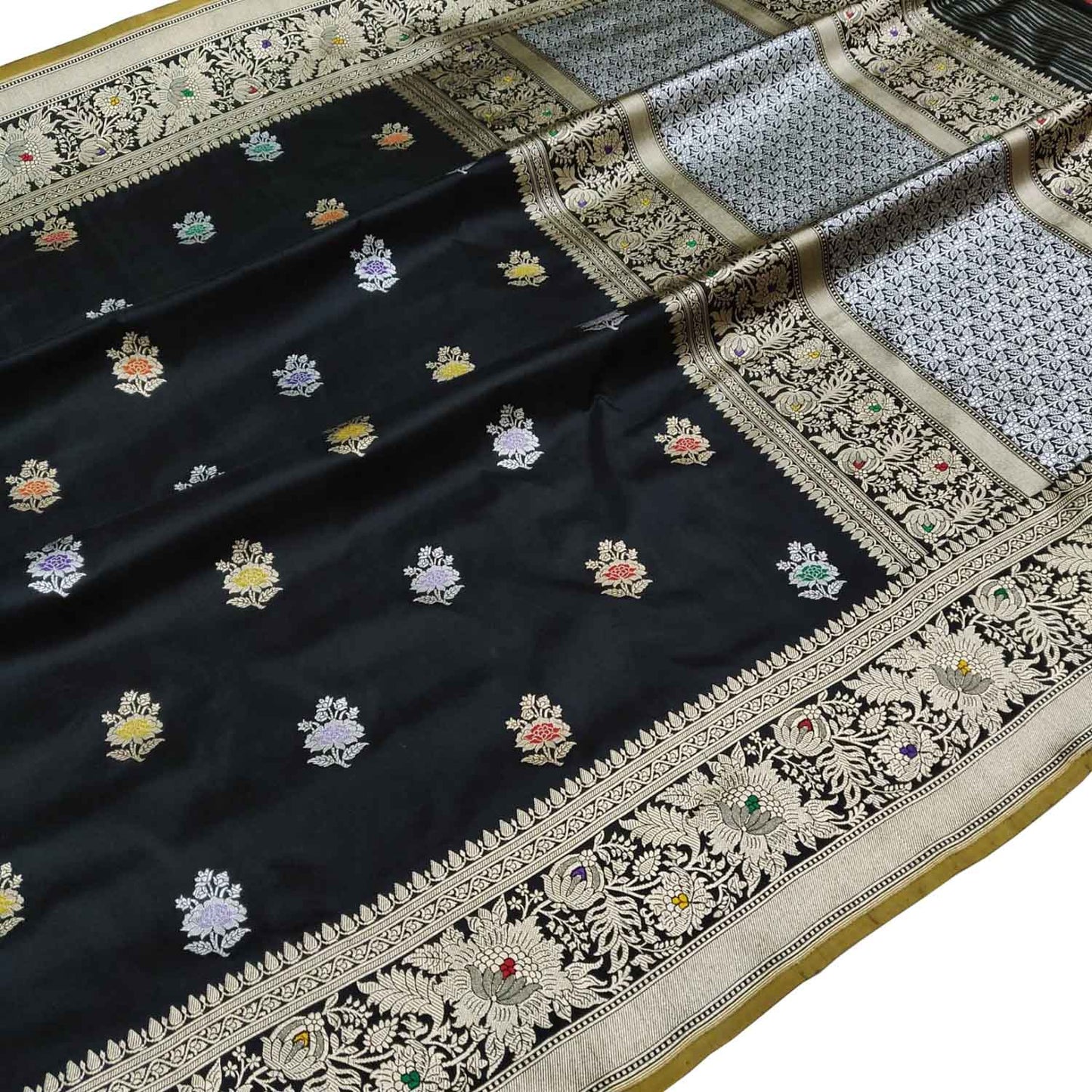 Elegant Black Banarasi Handloom Pure Katan Silk Flower Design Meenakari Saree - Luxurion World