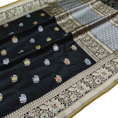 Elegant Black Banarasi Handloom Pure Katan Silk Flower Design Meenakari Saree - Luxurion World
