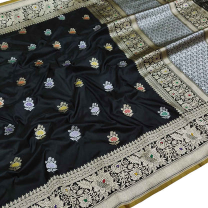 Elegant Black Banarasi Handloom Pure Katan Silk Flower Design Meenakari Saree - Luxurion World