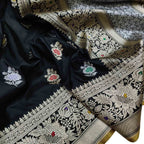 Elegant Black Banarasi Handloom Pure Katan Silk Flower Design Meenakari Saree - Luxurion World