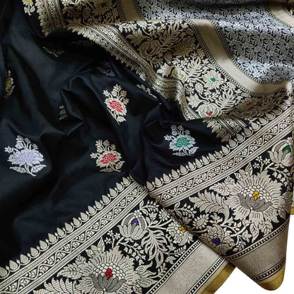 Elegant Black Banarasi Handloom Pure Katan Silk Flower Design Meenakari Saree - Luxurion World