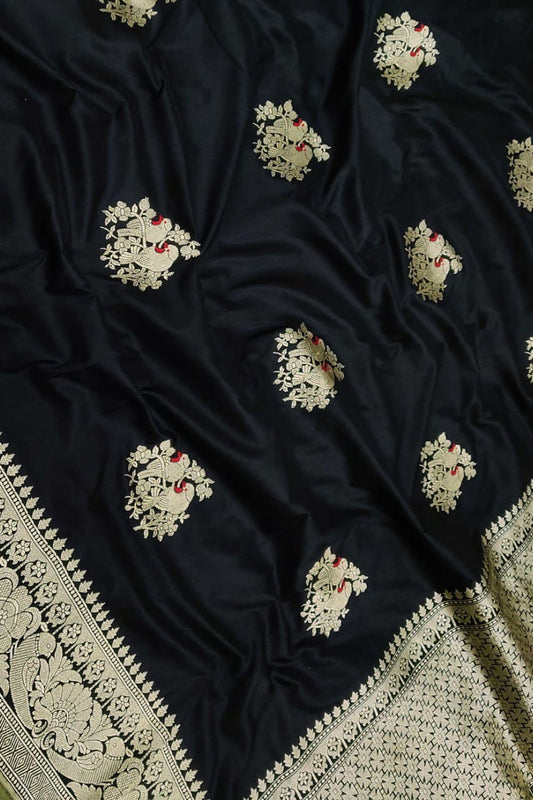 Exquisite Black Banarasi Handloom Pure Katan Silk Bird Design Meenakari Saree - Luxurion World