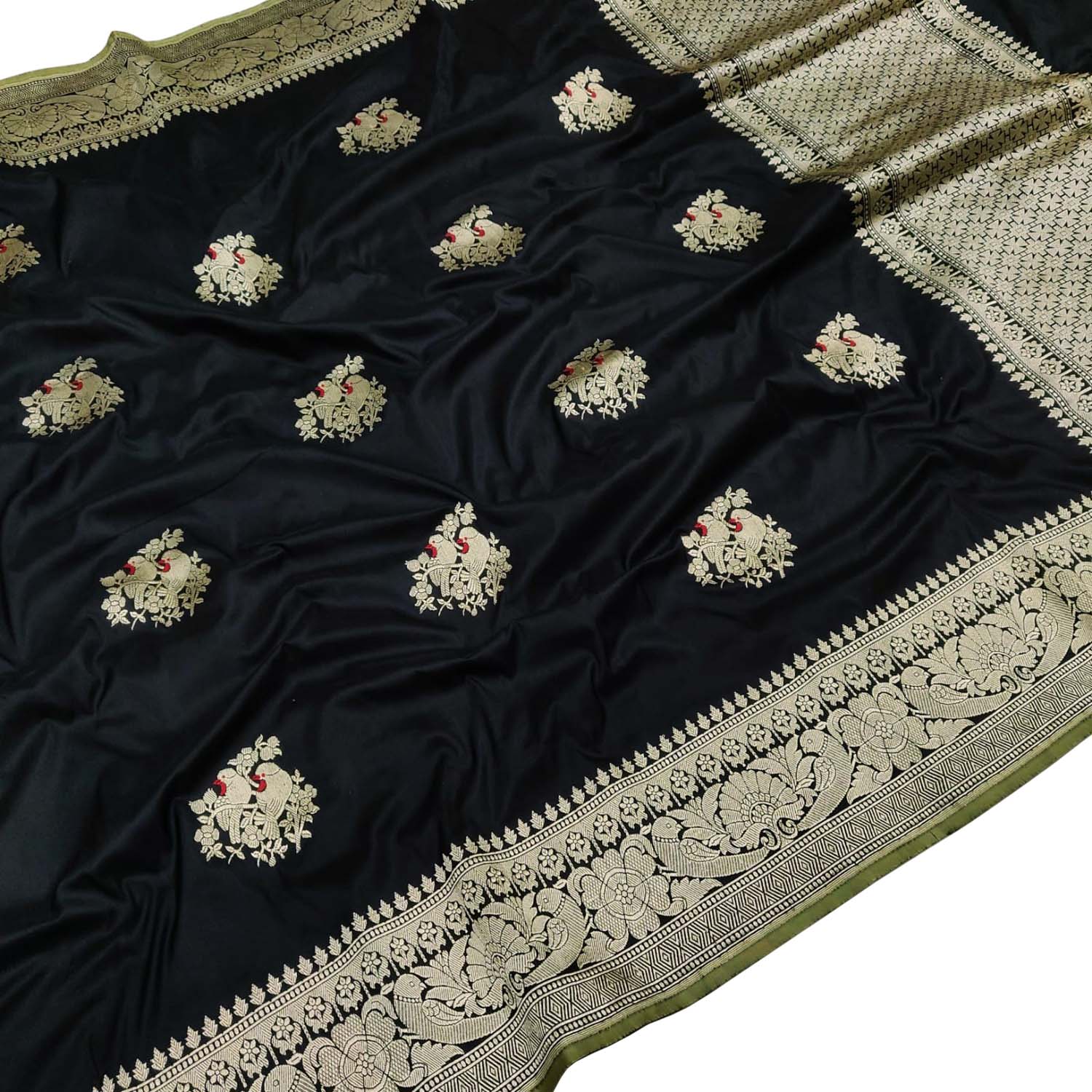 Exquisite Black Banarasi Handloom Pure Katan Silk Bird Design Meenakari Saree - Luxurion World