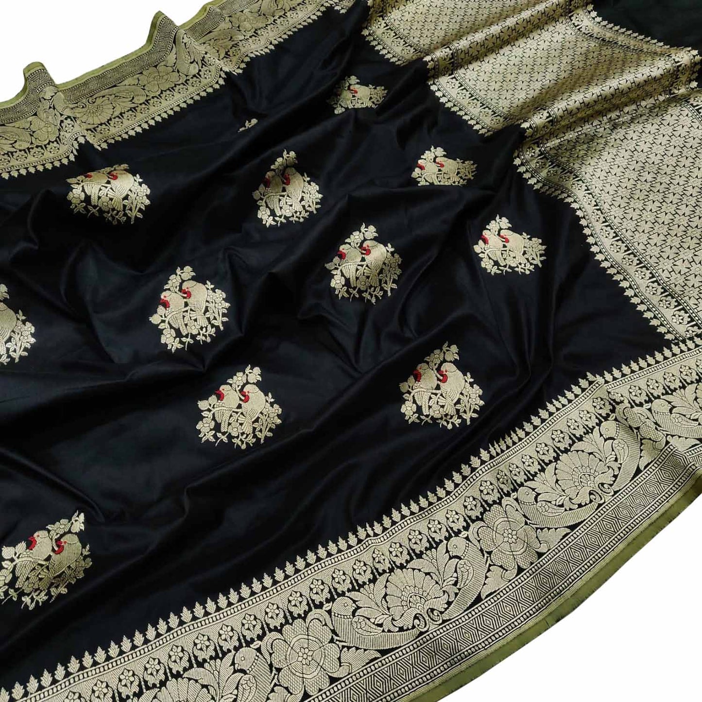 Exquisite Black Banarasi Handloom Pure Katan Silk Bird Design Meenakari Saree - Luxurion World