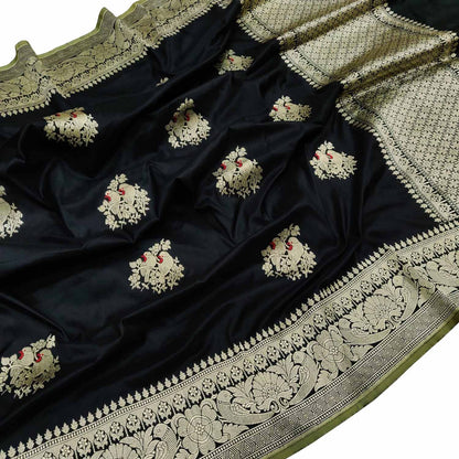 Exquisite Black Banarasi Handloom Pure Katan Silk Bird Design Meenakari Saree - Luxurion World