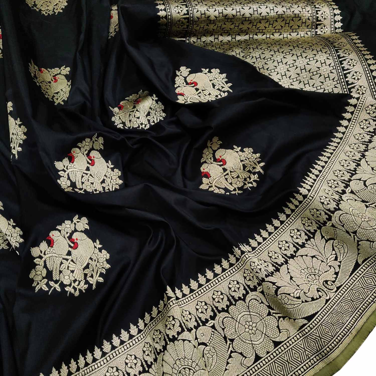 Exquisite Black Banarasi Handloom Pure Katan Silk Bird Design Meenakari Saree - Luxurion World