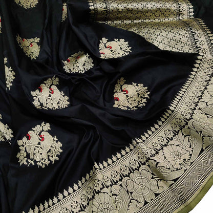 Exquisite Black Banarasi Handloom Pure Katan Silk Bird Design Meenakari Saree - Luxurion World