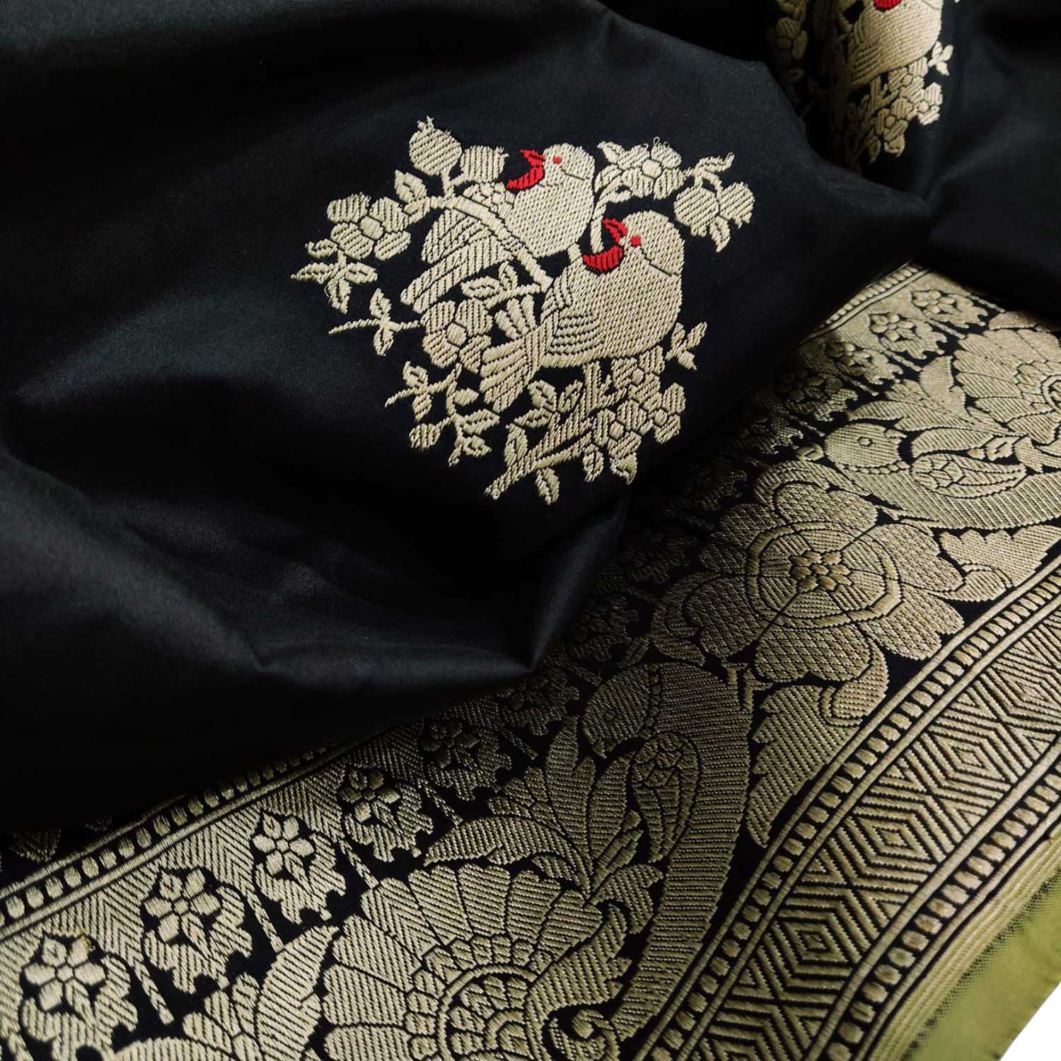 Exquisite Black Banarasi Handloom Pure Katan Silk Bird Design Meenakari Saree - Luxurion World