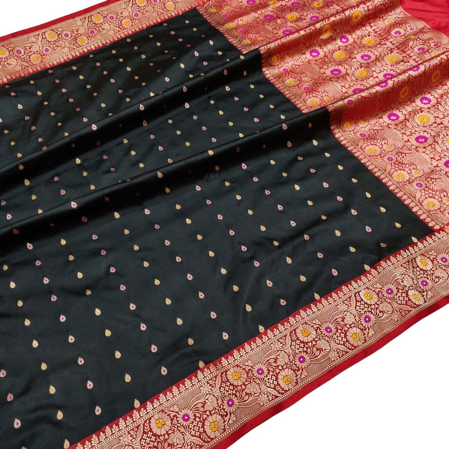 Elegant Black And Red Banarasi Handloom Pure Katan Silk Meenakari Saree - Luxurion World
