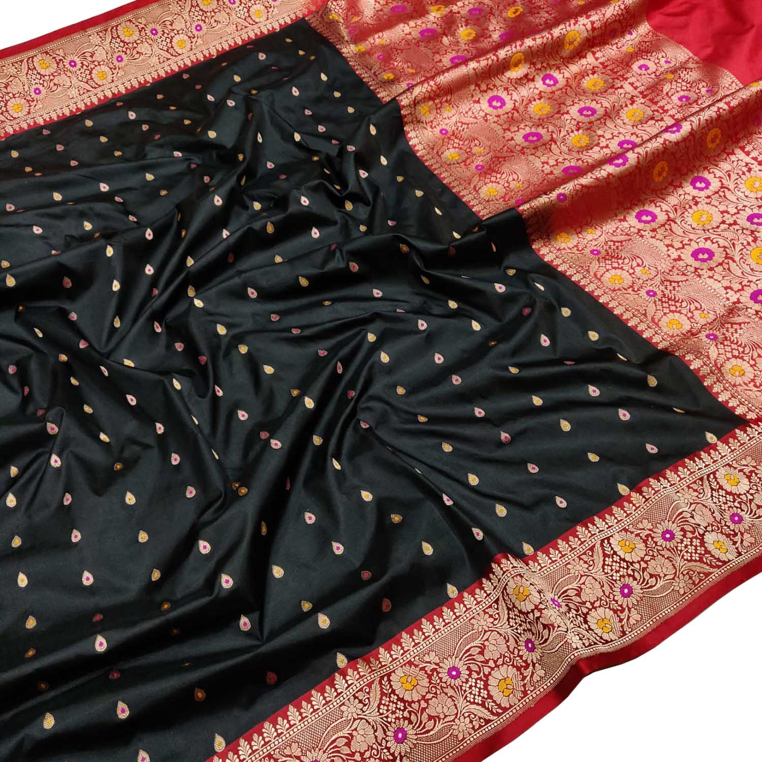 Elegant Black And Red Banarasi Handloom Pure Katan Silk Meenakari Saree - Luxurion World