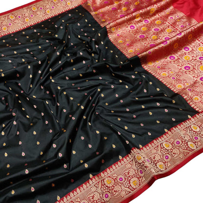 Elegant Black And Red Banarasi Handloom Pure Katan Silk Meenakari Saree - Luxurion World