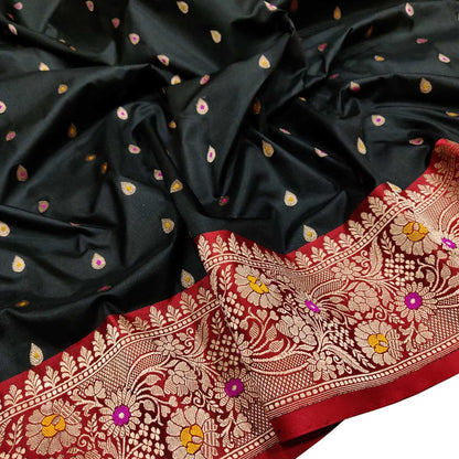 Elegant Black And Red Banarasi Handloom Pure Katan Silk Meenakari Saree - Luxurion World