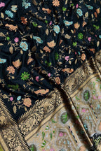 Elegant Black Banarasi Handloom Pure Katan Silk Meenakari Flower And Bird Design Saree - Luxurion World
