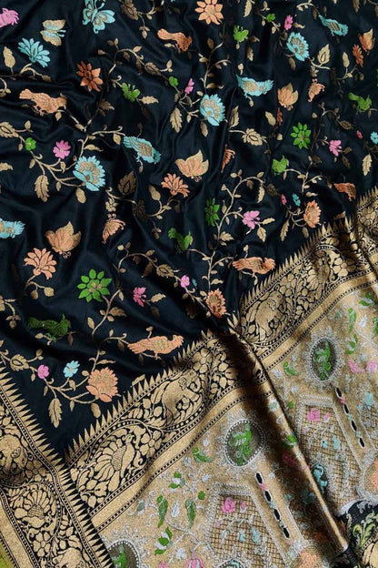 Elegant Black Banarasi Handloom Pure Katan Silk Meenakari Flower And Bird Design Saree - Luxurion World