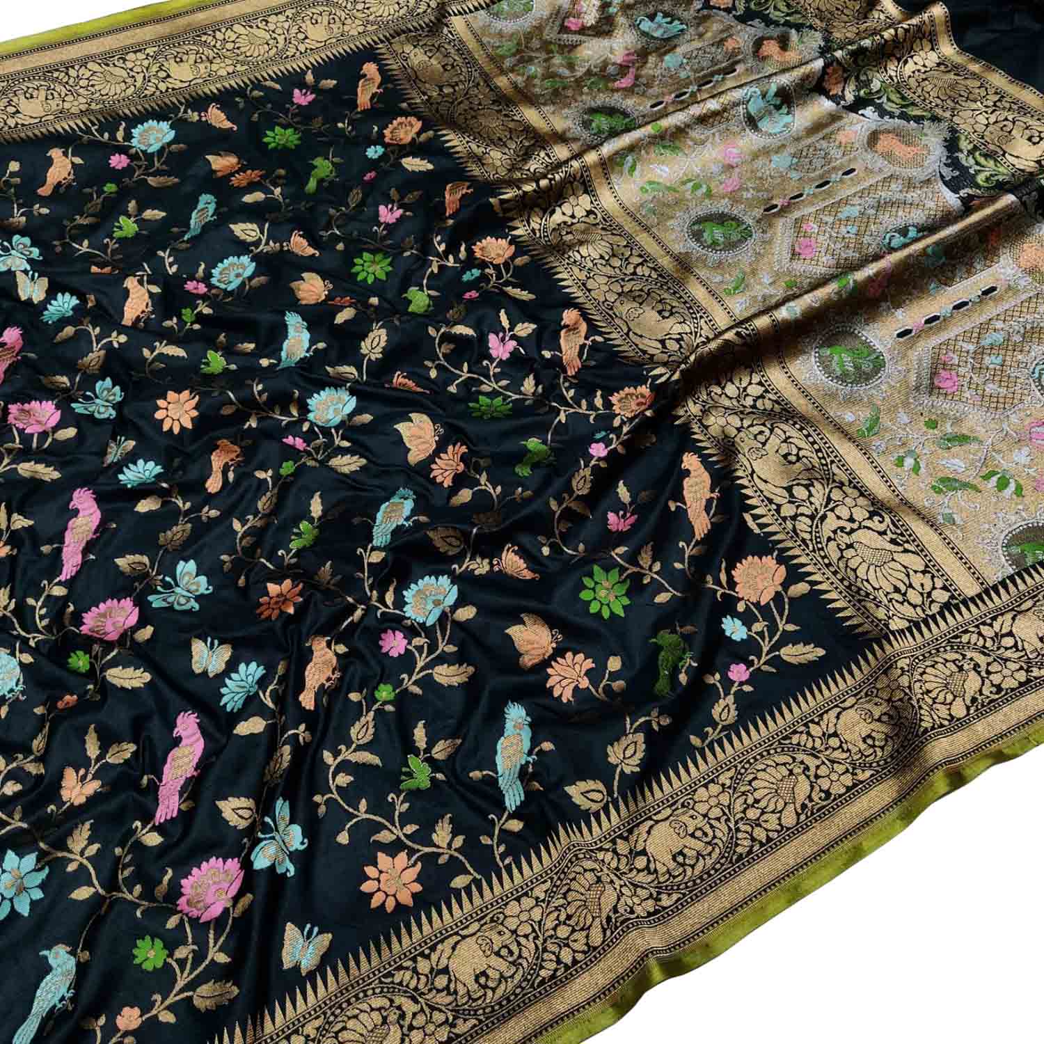 Elegant Black Banarasi Handloom Pure Katan Silk Meenakari Flower And Bird Design Saree - Luxurion World
