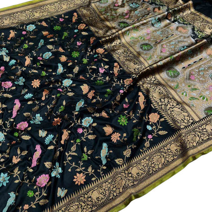 Elegant Black Banarasi Handloom Pure Katan Silk Meenakari Flower And Bird Design Saree - Luxurion World