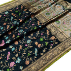 Elegant Black Banarasi Handloom Pure Katan Silk Meenakari Flower And Bird Design Saree - Luxurion World