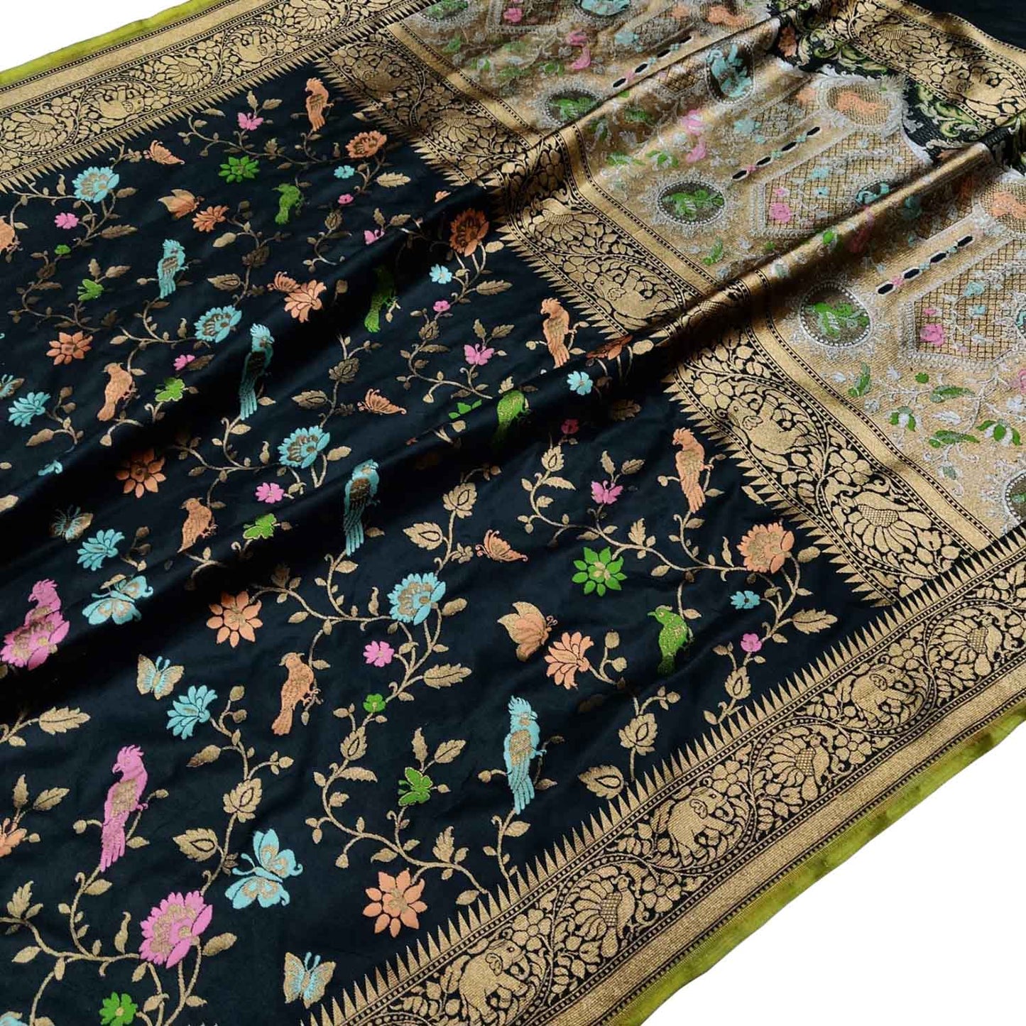 Elegant Black Banarasi Handloom Pure Katan Silk Meenakari Flower And Bird Design Saree - Luxurion World
