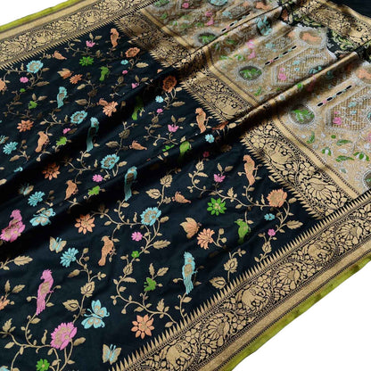 Elegant Black Banarasi Handloom Pure Katan Silk Meenakari Flower And Bird Design Saree - Luxurion World