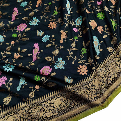 Elegant Black Banarasi Handloom Pure Katan Silk Meenakari Flower And Bird Design Saree - Luxurion World