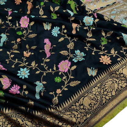 Elegant Black Banarasi Handloom Pure Katan Silk Meenakari Flower And Bird Design Saree - Luxurion World