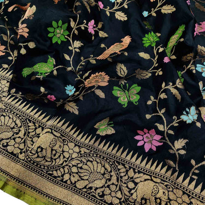 Elegant Black Banarasi Handloom Pure Katan Silk Meenakari Flower And Bird Design Saree - Luxurion World