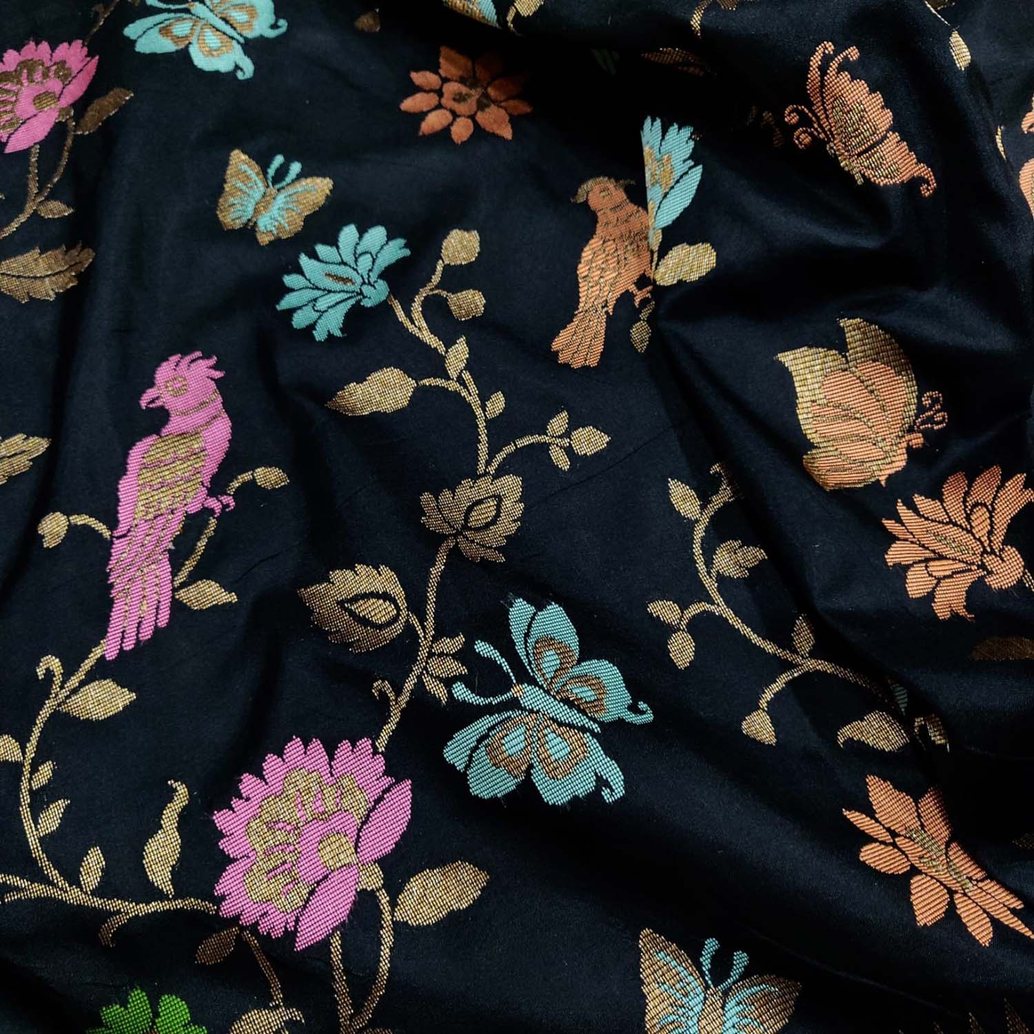 Elegant Black Banarasi Handloom Pure Katan Silk Meenakari Flower And Bird Design Saree - Luxurion World