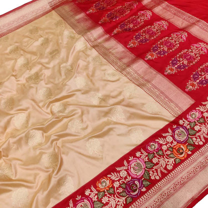 Exquisite Cream And Red Handloom Banarasi Pure Katan Silk Meenakari Flower Design Saree - Luxurion World