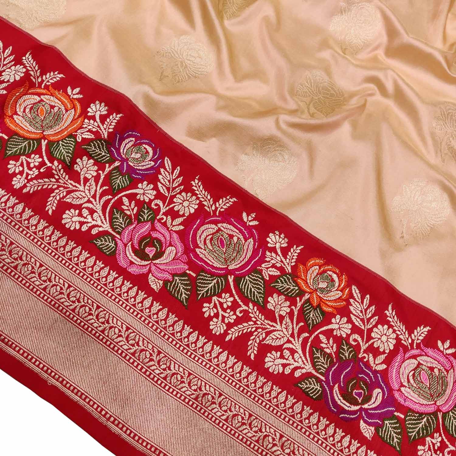 Exquisite Cream And Red Handloom Banarasi Pure Katan Silk Meenakari Flower Design Saree - Luxurion World