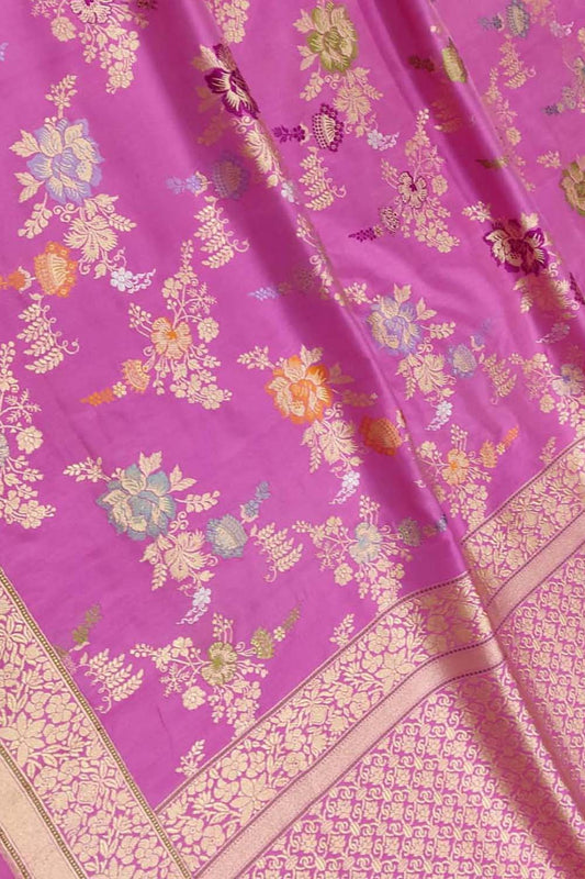 Pink Handloom Banarasi Pure Katan Silk Meenakari Flower Design Jangla Saree - Luxurion World