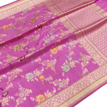 Pink Handloom Banarasi Pure Katan Silk Meenakari Flower Design Jangla Saree - Luxurion World