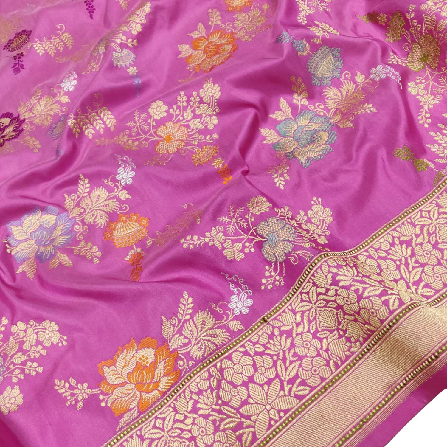 Pink Handloom Banarasi Pure Katan Silk Meenakari Flower Design Jangla Saree - Luxurion World
