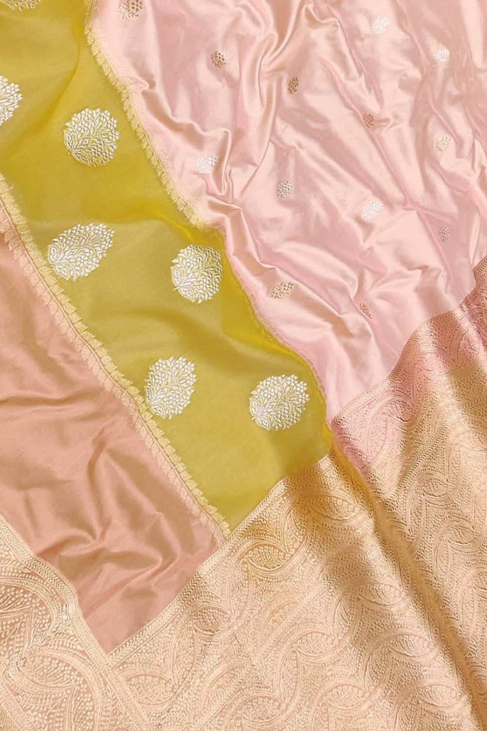 Stunning Pink And Yellow Handloom Banarasi Pure Katan Silk Boota Design Saree - Luxurion World