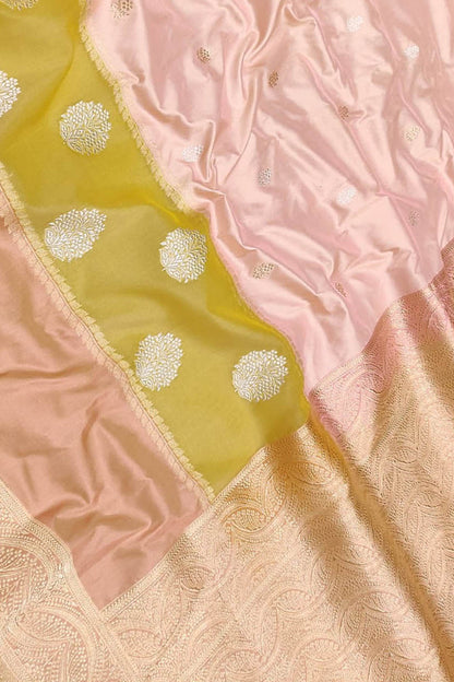 Stunning Pink And Yellow Handloom Banarasi Pure Katan Silk Boota Design Saree - Luxurion World