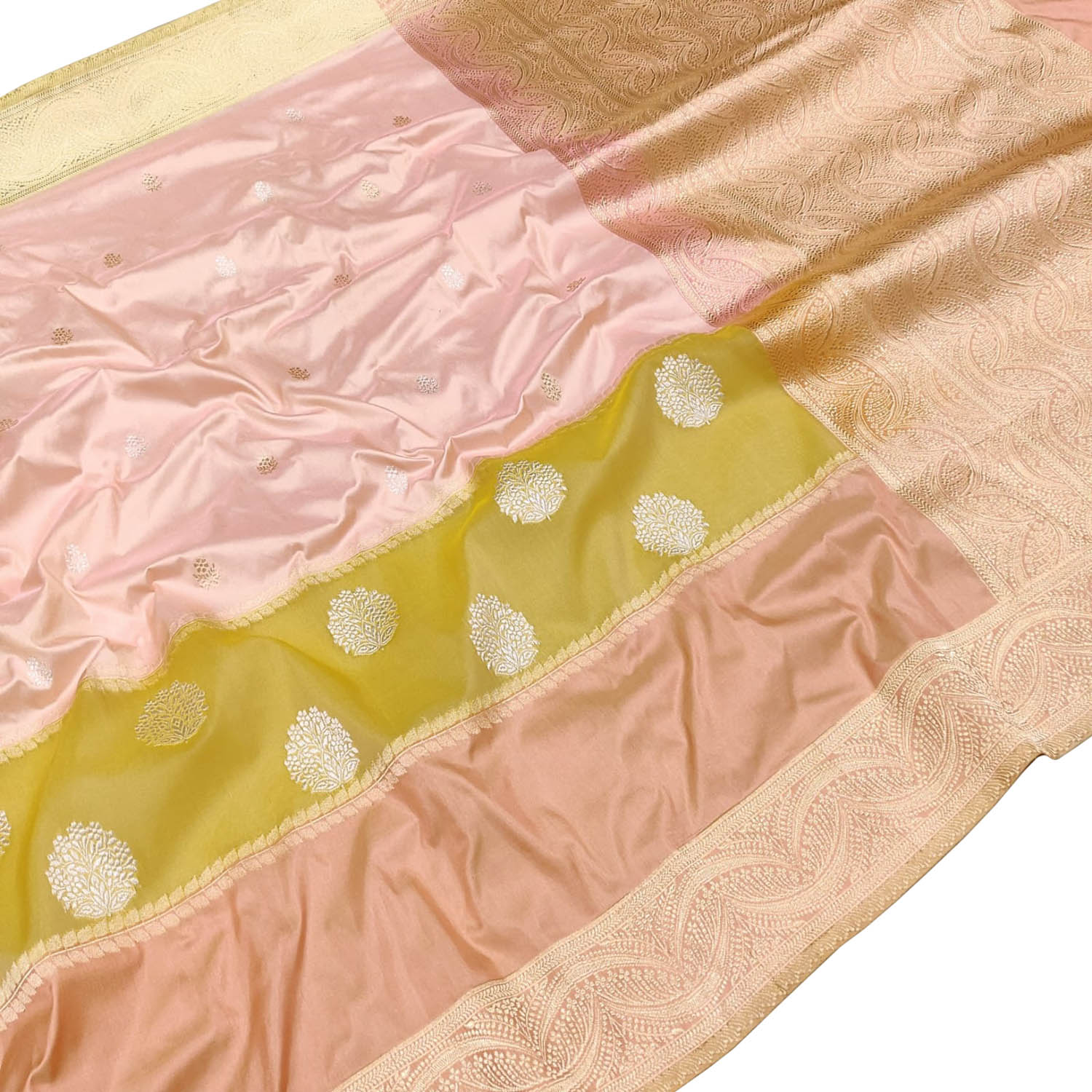 Stunning Pink And Yellow Handloom Banarasi Pure Katan Silk Boota Design Saree - Luxurion World