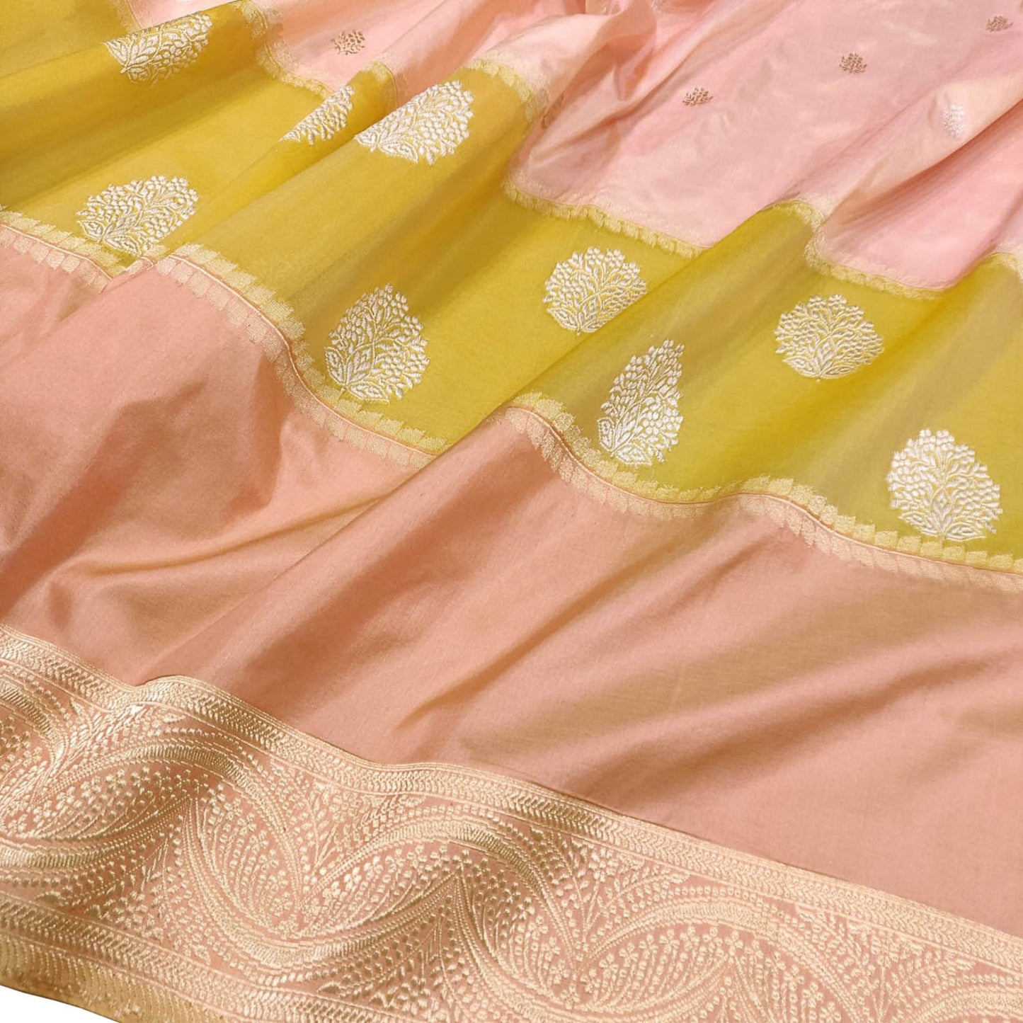 Stunning Pink And Yellow Handloom Banarasi Pure Katan Silk Boota Design Saree - Luxurion World
