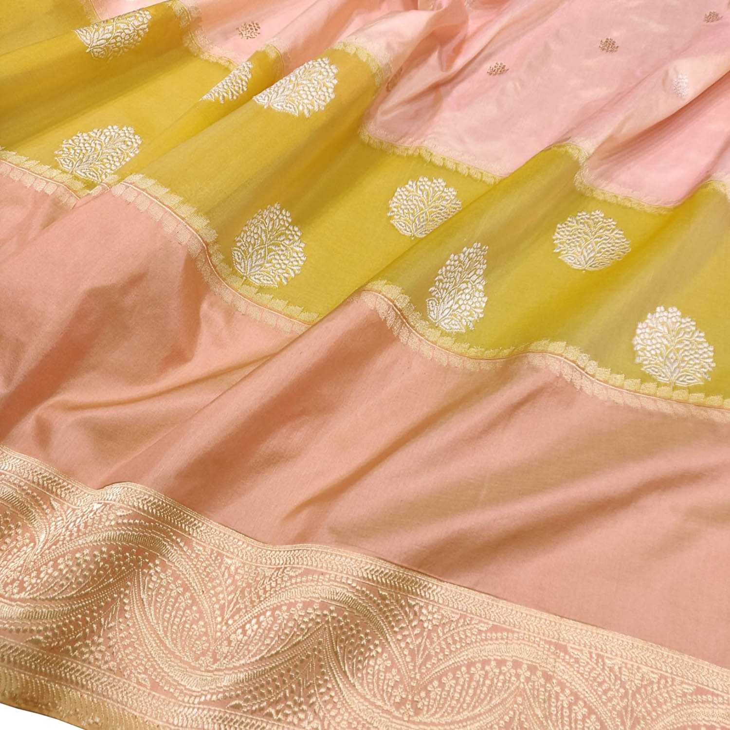 Stunning Pink And Yellow Handloom Banarasi Pure Katan Silk Boota Design Saree - Luxurion World