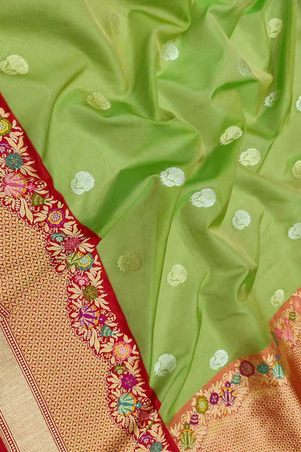 Green Handloom Banarasi Pure Kora Organza Flower Design Meenakari Saree - Luxurion World