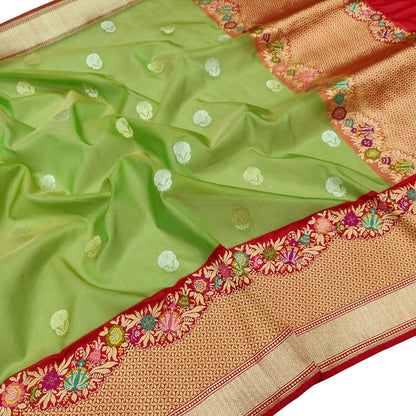 Green Handloom Banarasi Pure Kora Organza Flower Design Meenakari Saree - Luxurion World