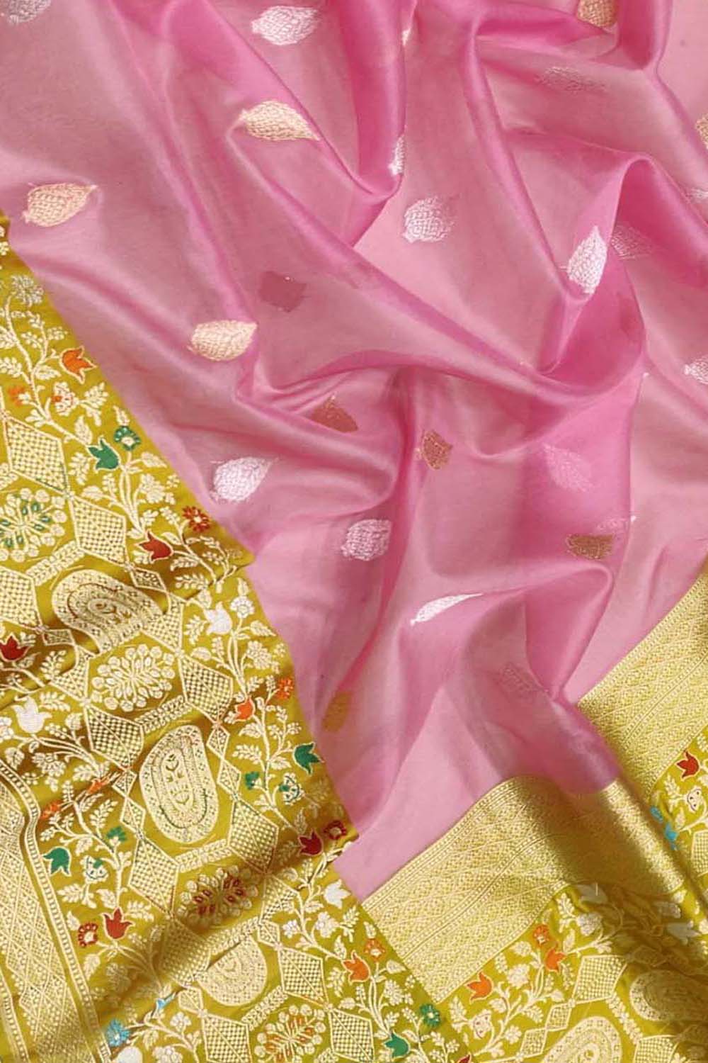 Pink Handloom Banarasi Pure Kora Organza Flower Design Meenakari Saree - Luxurion World