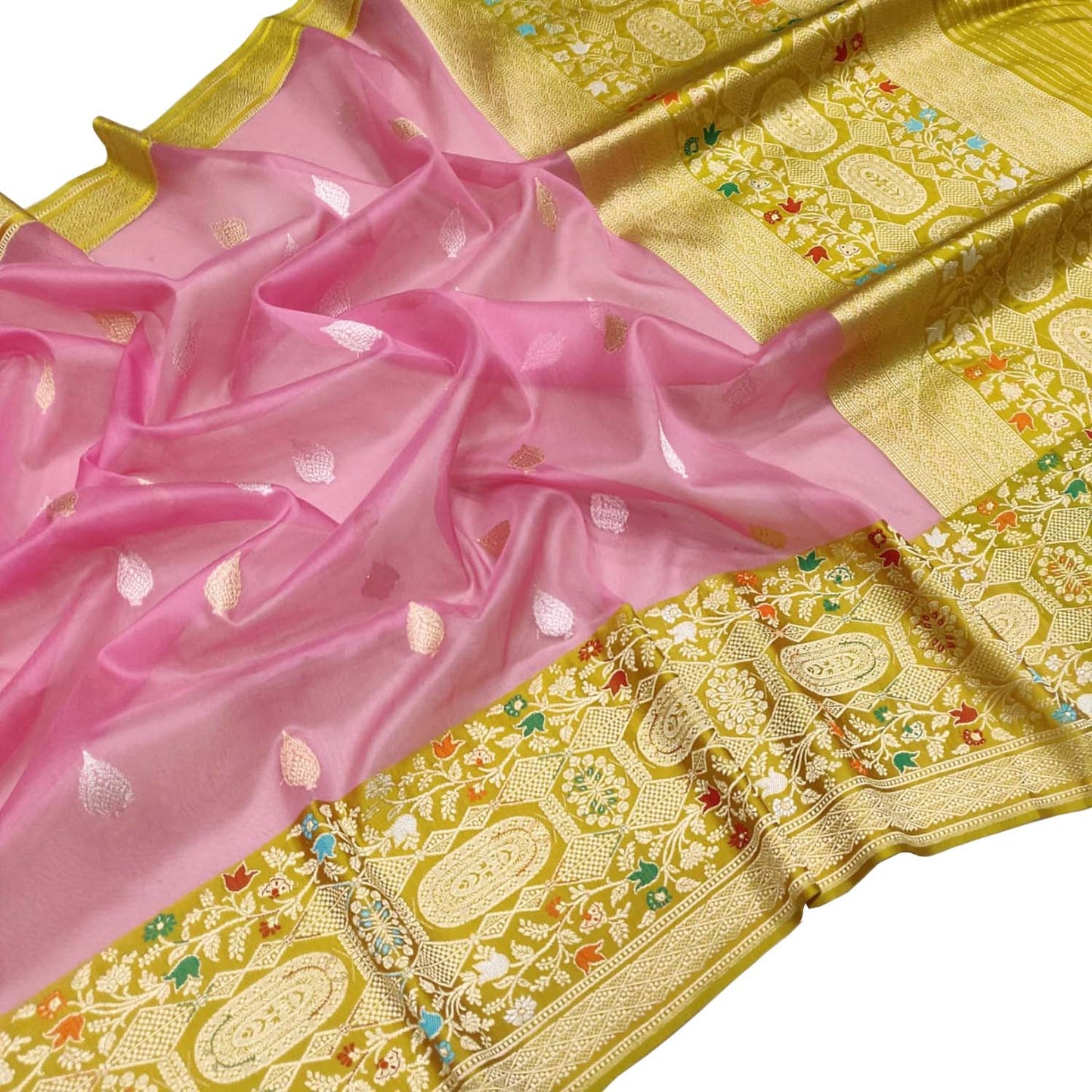 Pink Handloom Banarasi Pure Kora Organza Flower Design Meenakari Saree - Luxurion World