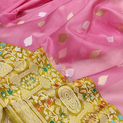 Pink Handloom Banarasi Pure Kora Organza Flower Design Meenakari Saree - Luxurion World