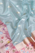 Blue Handloom Banarasi Pure Kora Organza Flower Design Meenakari Saree - Luxurion World