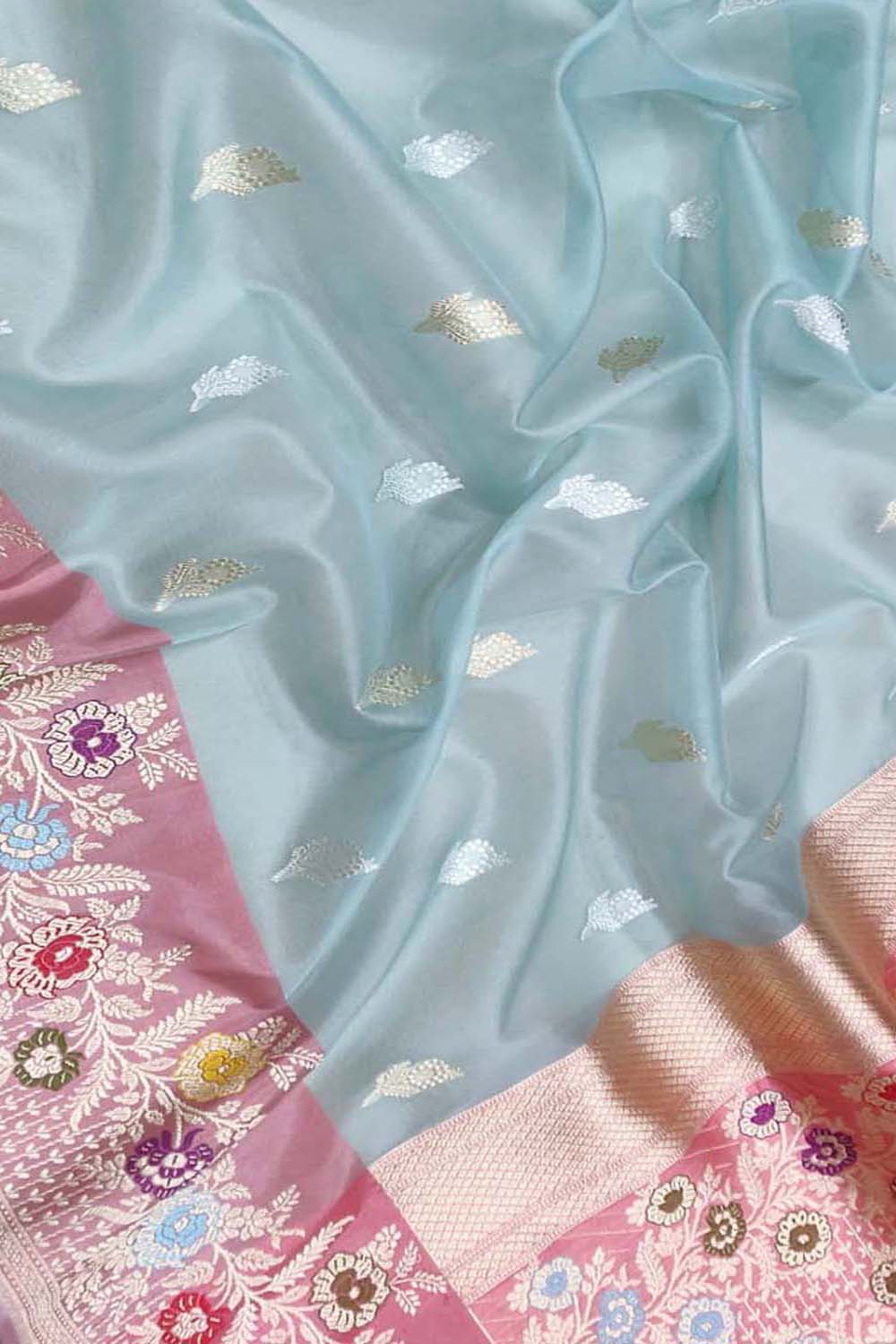 Blue Handloom Banarasi Pure Kora Organza Flower Design Meenakari Saree - Luxurion World