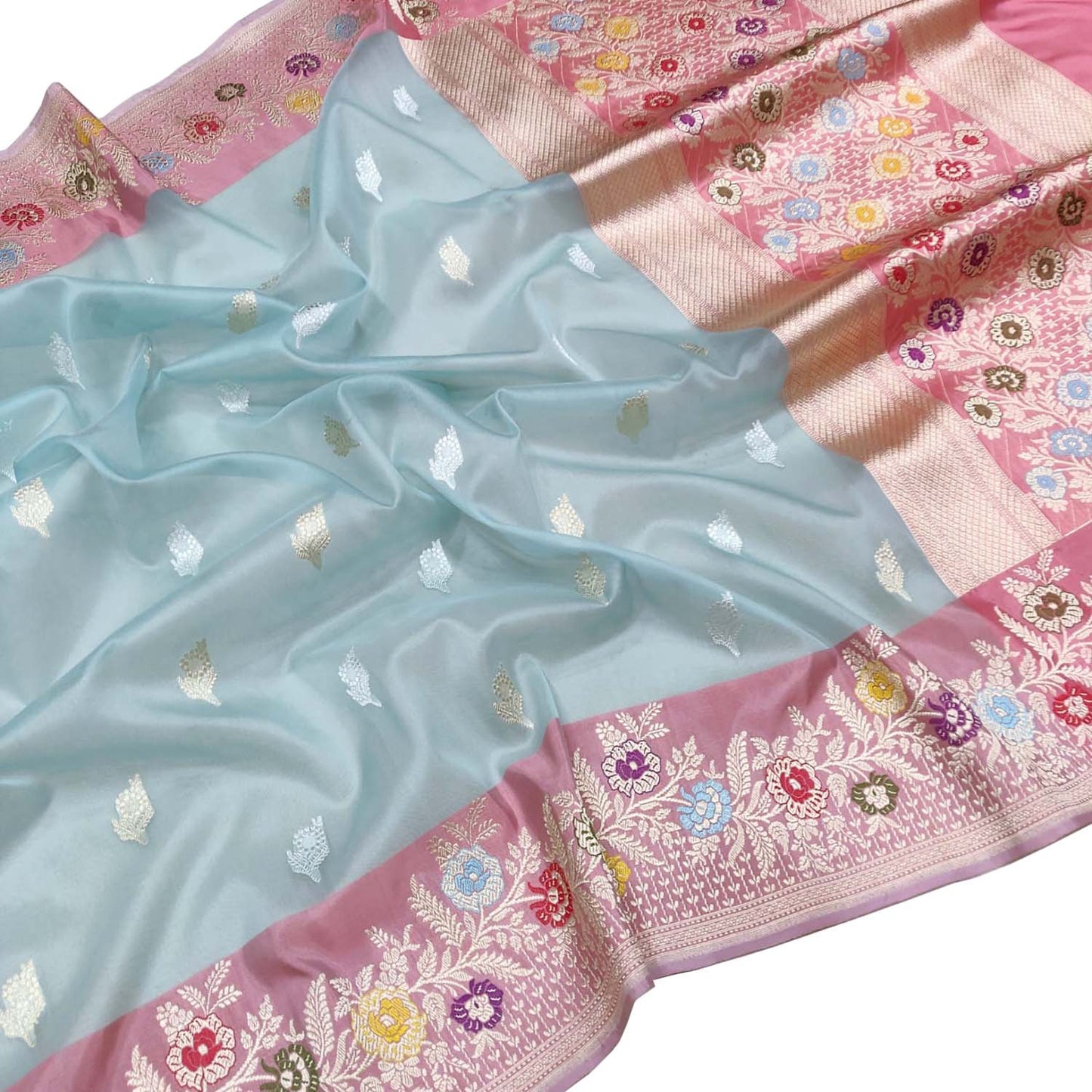 Blue Handloom Banarasi Pure Kora Organza Flower Design Meenakari Saree - Luxurion World