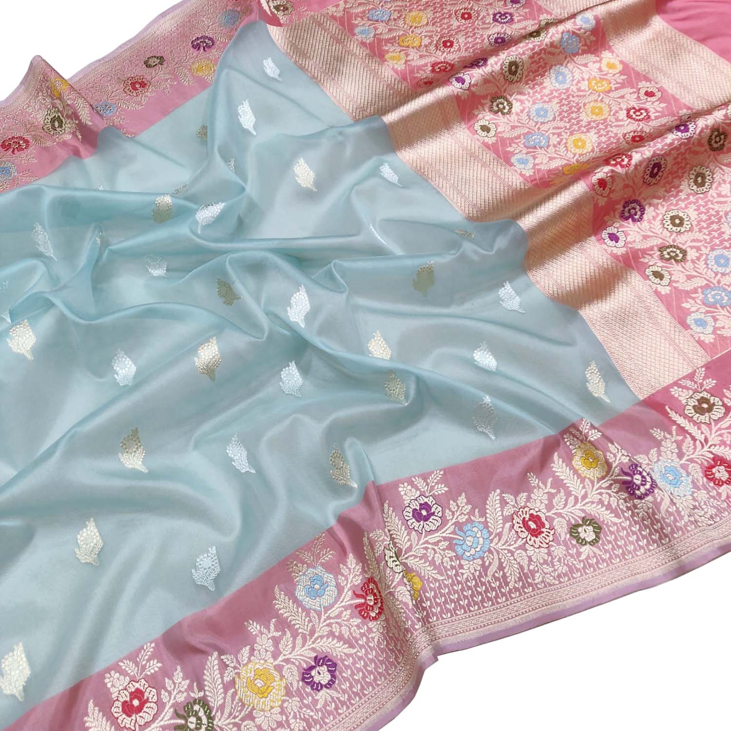 Blue Handloom Banarasi Pure Kora Organza Flower Design Meenakari Saree - Luxurion World